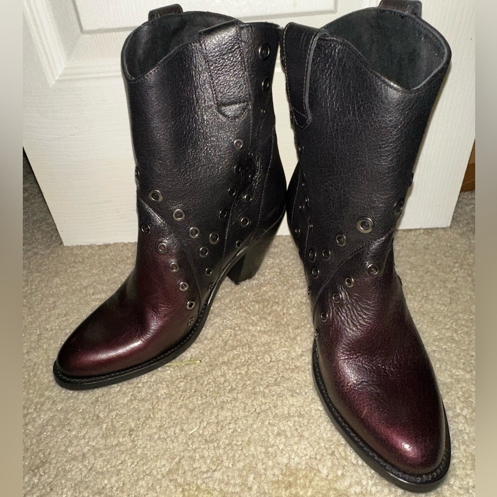 Frye Women's Black and Burgundy Leather Heeled Western Boots